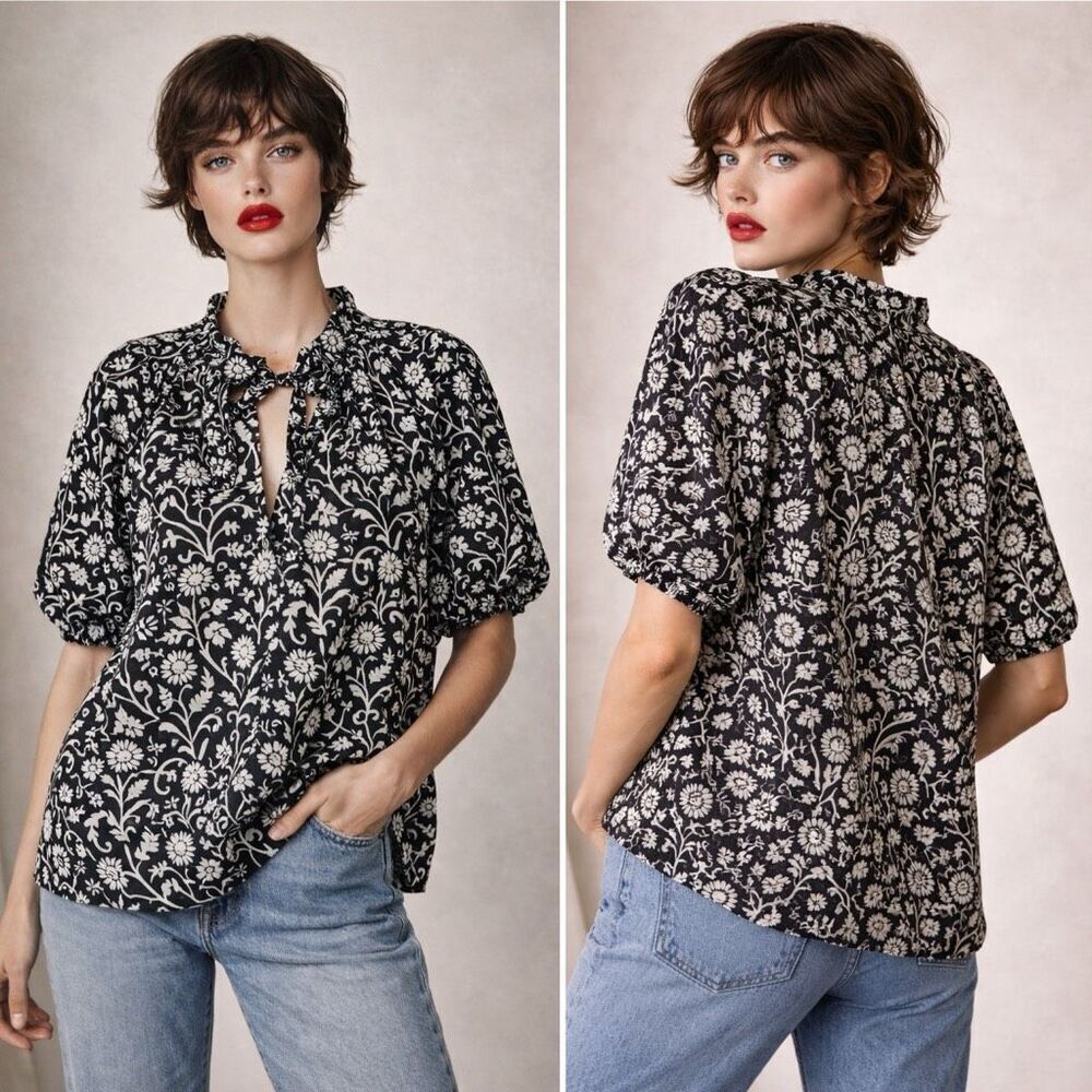 Fitzroy & Willa Black White Block Print Cotton Tie Neck Boho Blouse S Resort